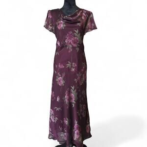 Coldwater Creek Plum Floral Chiffon Maxi Dress Cowl Neck Flutter Sleeve 10